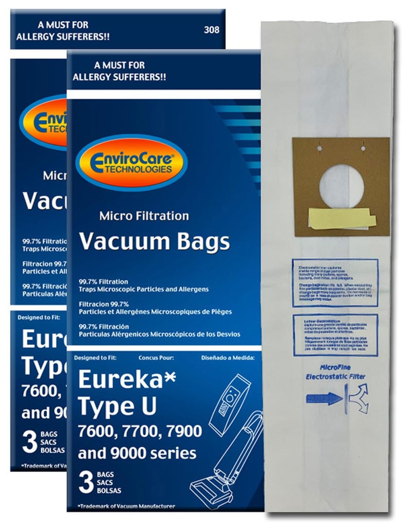 EnviroCare Replacement Micro Filtration Vacuum Cleaner Dust Bags made to fit Eureka Type U Bravo II, Direct Air, World Vac, White Westinghouse Upright Vacuums. 6 Pack - Image 1